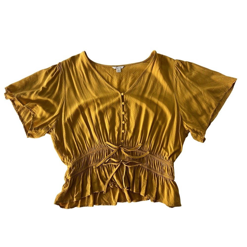 EST 1946 Gold Textured Ruffle Peplum Top Button Front V-Neck Flutter Sleeve